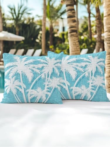 Throw Pillows 16x16 Set of 2, Tropical Palm Tree Waterproof Outdoor Pillow Covers for Patio with Insert, Vintage Aqua Exotic Botanical Plants Decorative Pillowcase Cushion for Couch, Sofa, Bed, Garden - Image 7