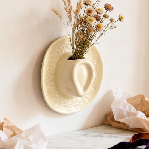 Ceramic Cowboy Hat Wall Vase - Handmade Hanging Flower Planter, Western Boho Room Decor & Coastal Cowgirl Aesthetic Wall Art for Home Decorations (Beige) - Image 6
