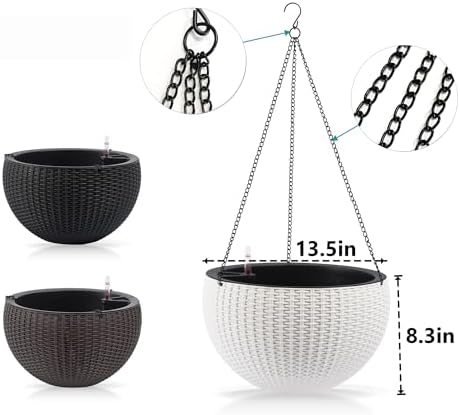 13.5 inch 2Pack Large Hanging Planters for Outdoor/Indoor Plants, Self Watering Hanging Pot with Water Level Indicato, Drainage Holes and Chain for Garden Porch, White - Image 6