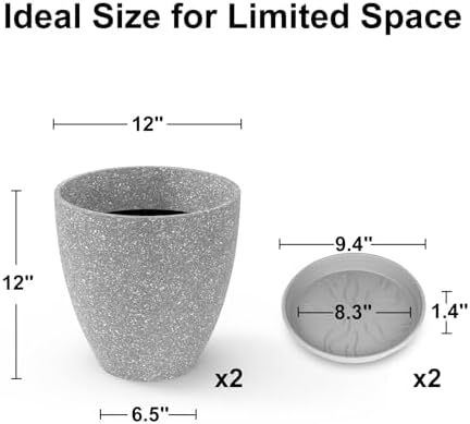 GameXcel Flower Pot Indoor - Outdoor Plant Pot - Gray Rough Planter - Elegant Stone Imitation - 12" Diameter 12" Tall with Drainage Holes and Saucer 2 Pack - Image 7