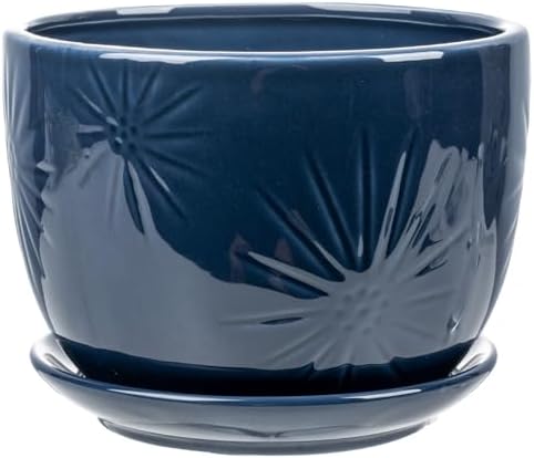 MyGift 7 Inch Round Blue Ceramic Plant Pot with Drainage Hole and Attached Saucer, Modern Decorative Embossed Sunburst Planter Container for Indoor Home Garden by MyGiftHome