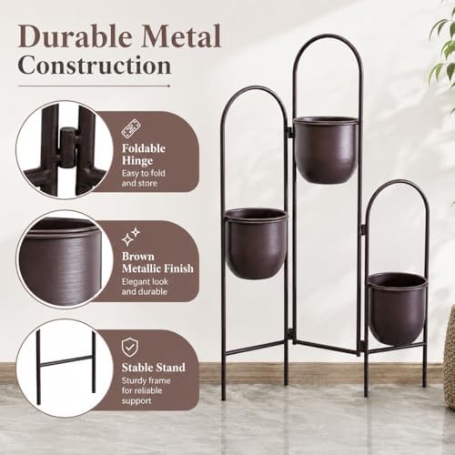 TRIROCKS 3 Tier Plant Stand with 3 Removable Metal Pots Indoor Outdoor Corner Plant Rack, 35" H Space Saving Flower Pot Holder for Living Room, Balcony, Patio & Garden(Brown) - Image 4