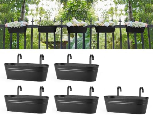 Dahey 15 Inches Railing Planter Box 5 Pcs Metal Hanging Flower Pots, Black by Dahey