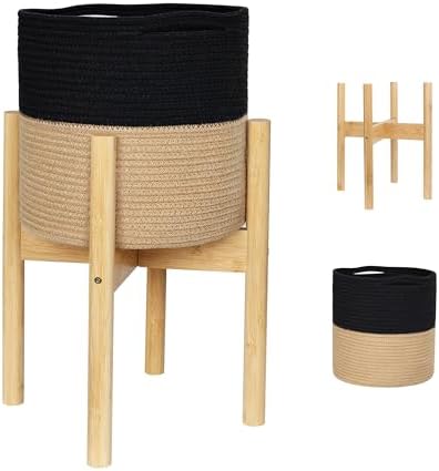 Plant Basket with Stand, Indoor Round Wicker Basket Plant with Bamboo Wood Stand, Decorative Black Woven Cotton Rope Flower Indoor Planter with Legs, Boho Bamboo Wood Planter Holder by Unknown