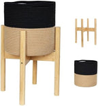 Plant Basket with Stand, Indoor Round Wicker Basket Plant with Bamboo Wood Stand, Decorative Black Woven Cotton Rope Flower Indoor Planter with Legs, Boho Bamboo Wood Planter Holder by Unknown