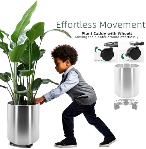 Longrun 9.8 Inch Dia Round Planter, Modern Indoor Outdoor Large Stainless Steel Plant Pot and Plant Caddy with Wheels for Home Patio Garden, Easy to Clean and Move - Image 5