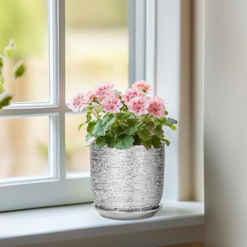 Ceramic Plant Pot 5 Inch, Indoor Planter with Drainage, Silver - Image 2
