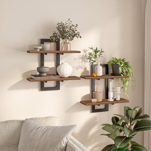 HOOBRO Floating Shelves, 15 Inch Wall Shelf Set of 2, Wall Mounted Storage Shelves 2-Tier, Hanging Bathroom Shelves, for Living Room, Bedroom, Bathroom, Kitchen, Walnut and Black BH32BJ01 by HOOBRO