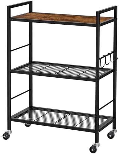 3-Tier Metal Storage Rack with Industrial Wheels,Mesh Shelving Unit with Wooden Table top,Adjustable Shelf,23.6-Inch Width,for Kitchen,Laundry,Pantry,Plant,Black by Unknown