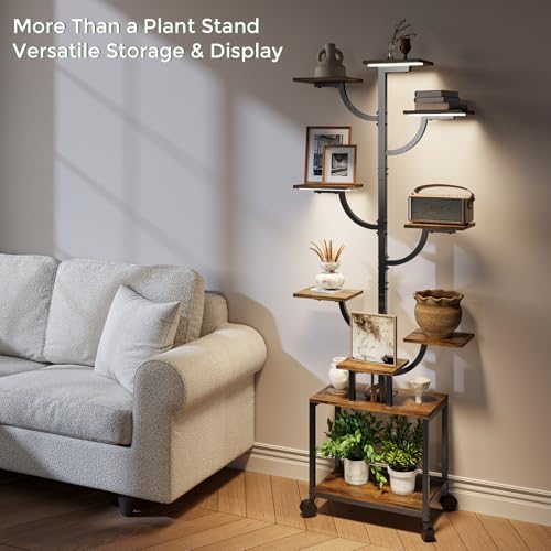 Plant Stand Indoor with Grow Lights - 9-Tier Plant Stand with Wheels, Tall Metal and Wood Indoor Plant Shelf with Tree Design, Rolling Flower Pot Holder Rack with Waterproof Finish, Adjustable Display Stand for Home Garden, Patio, 62" Tall - Image 4