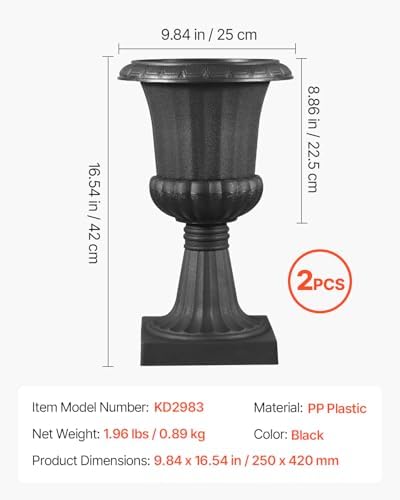 VEVOR Plastic Urn Planters, 9.8 x 16.5 Inch, 2 Pack Black Classic Flower Pots Front Porch Planters, Indoor & Outdoor Vase for Wedding, Party, Event, Home, Stage, Garden, Balcony, Patio Decoration - Image 3