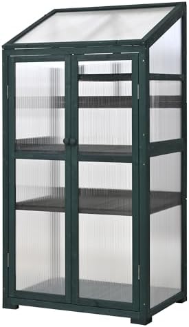 62" Tall Wooden Portable Greenhouse with Wheels, Adjustable Shelves, 3-Tier Cold Frame Plant Cabinet/ Indoor Outdoor Plant Stand, Rolling Mini Greenhouse for Patio, Balcony, Garden (Green) - Image 4