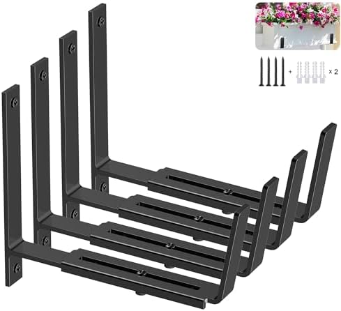Y&M Adjustable Planter Brackets (6 to 12.5 in), Heavy Duty Iron Window Box Mounting Hooks for Balcony, Fences, Patio, Garden - Black by YM