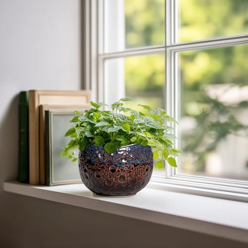 6 Inch Plant Pot, Ceramic Pots for Indoor Plants, Brown-Blue - Image 3
