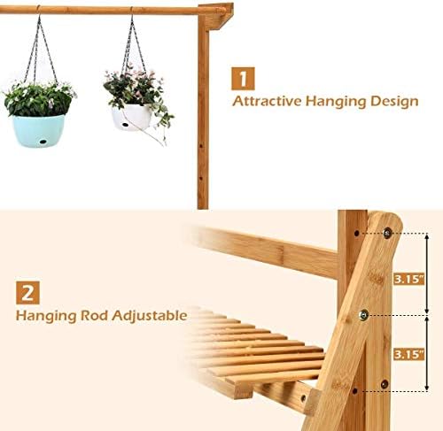 ReunionG 3-Tier Bamboo Plant Stand, Foldable Hanging Flower Plant Shelf, Pot Organizer Display Storage Rack with Adjustable Height Hanger Rod, Planter Ladder Potted Holder for Patio Garden - Image 7