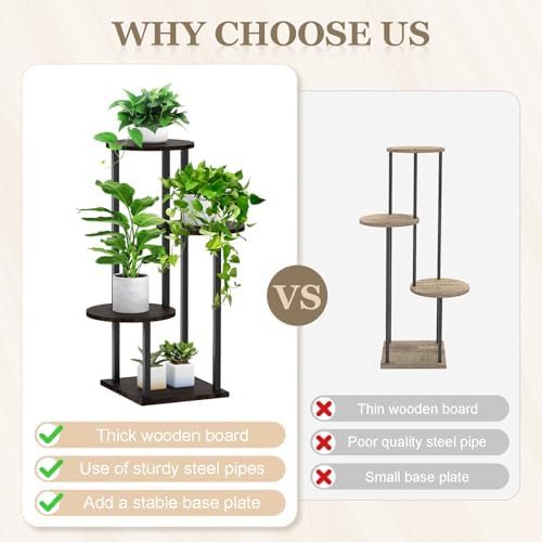 4 Tier Plant Stand Indoor, Metal Wooden Tall Plant Shelf Flower Pot Stand for Multiple Plants, Corner Flower Holder Plant Display Rack for Living Room Balcony Patio Garden (Black) - Image 5