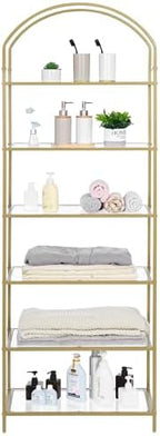 Homhedy 6-Tier Tall Gold Bookshelf, Arched Bookcase with Glass Shelves - Image 3
