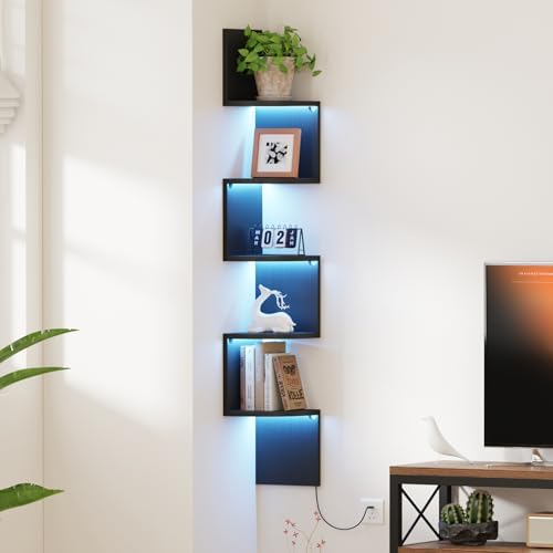 Qupui 5-Tier Corner Shelf with LED, 49" Floating Wall Shelf, Black by Qupui