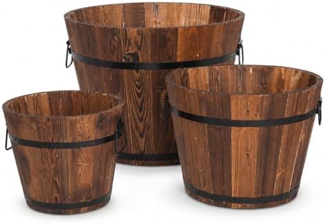 3 Pcs Wooden Planter Barrel Set, Outdoor Flower Pots with Handle & Drainage Holes, Rustic Whiskey Barrel Planter for Plants, Herbs, Veggies, Indoor Outdoor Use by ANTSKU