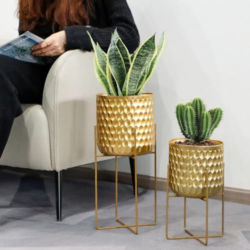 TRIROCKS Set of 2 Planters with Stand Indoor Otdoor Metal Plant Stand 8 * 18 &7 * 12 "Modern Planters Flower Pots for Living Room Corner Kitchen Office Garden Balcony Patio Decor(Gold) - Image 3