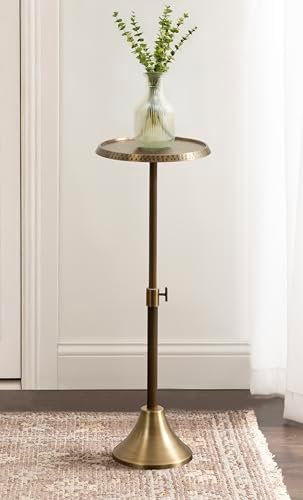 Kate and Laurel Sanzo Traditional Adjustable-Height Pedestal Drink Table, 11 x 11 x 30, Antique Brass, Vintage Round Indoor Metal Cocktail Table with Hammered Tabletop for Use as Indoor Plant Stand - Image 4
