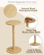Masupu Round Side Table, Small End Table for Small Spaces, Pedestal Drink Table with Solid Wood Leg for Living Room, Bedroom, Corners(Natural) - Image 4