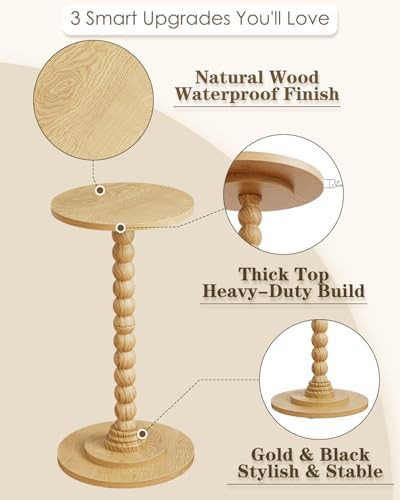 Masupu Round Side Table, Small End Table for Small Spaces, Pedestal Drink Table with Solid Wood Leg for Living Room, Bedroom, Corners(Natural) - Image 4