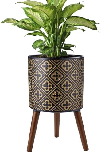 10 Inch Plant Pot with Stand, Planter for Indoor Plants, Modern Large Flower Planter Pot with Drainage Holes for Outdoor, Black ＆ Gold by nacltlo