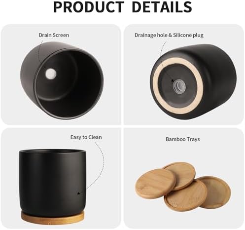 4 Inch Ceramic Black Plant Pots with Saucer and Drainage Hole, Set of 4 - Image 4
