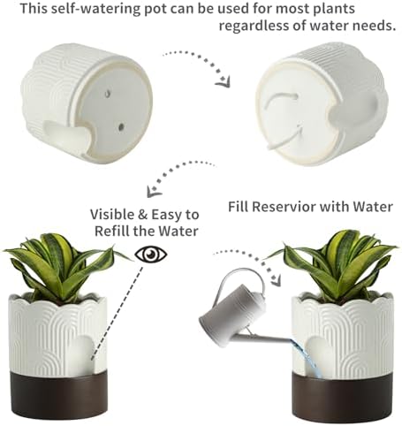 Nihow Self Watering Plant Pot Set: 6 Inch & 8 Inch Ceramic Planter with Drainage Hole & Water Storage Plus - Relief Design Self Watering Pot for Indoor Plants - Beige & Brown Flower Pot -Set of 2 - Image 3
