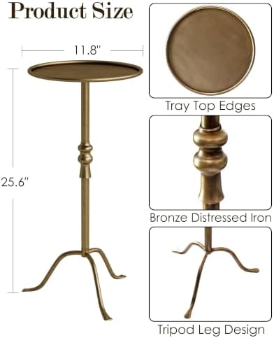 25.6" Vintage Round Pedestal End Table with Tray Top, Bronze - Image 2