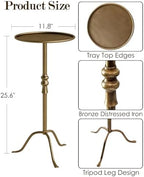 25.6" Vintage Round Pedestal End Table with Tray Top, Bronze - Image 2