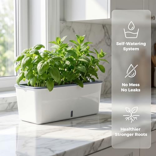 4 Pack Rectangular Planter 17 x 4.5 in Self Watering Planter Window Sill Planters Indoor Rectangle Planter Self Watering Pots Plastic Plant pots with Drainage Holes White Flower Pot Indoor - Image 2