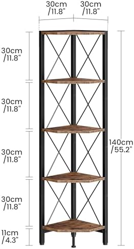 CHOEZON 5-Tier Corner Shelf, Corner Bookcase, 55.2" Tall Vertical Display Rack, Plant Stand, Open Storage Shelf, for Living Room, Bedroom, Study, Kitchen, Rustic Brown and Black TCJ12BF - Image 2