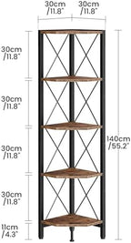 CHOEZON 5-Tier Corner Shelf, Corner Bookcase, 55.2" Tall Vertical Display Rack, Plant Stand, Open Storage Shelf, for Living Room, Bedroom, Study, Kitchen, Rustic Brown and Black TCJ12BF - Image 2