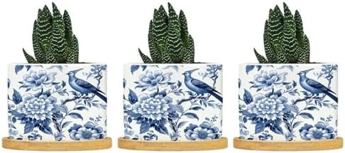Blue Indigo Floral Chinoiserie Ceramic Planter Asian Navy Bird Pots for Plants with Drainage Holes and Saucers Pot for Home Office Desk Garden by BRUYU5SE