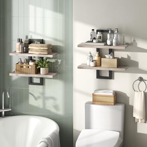 HOOBRO Floating Shelves, 15 Inch Wall Shelf Set of 2, Wall Mounted Storage Shelves 2-Tier, Hanging Bathroom Shelves, for Living Room, Bedroom, Bathroom, Kitchen, Greige BG32BJ01 - Image 4