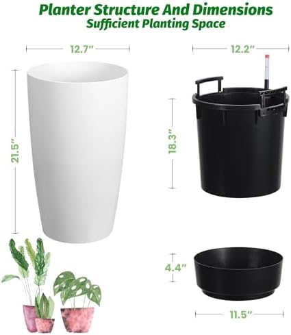 Self-Watering Tall Planters Set of 2 – 21.7" Straight Plastic Flower Pots with Drainage, Water Level Meter, Built-in Handle – Large Indoor Outdoor Garden Pots for Patio, Porch, Office – White - Image 5