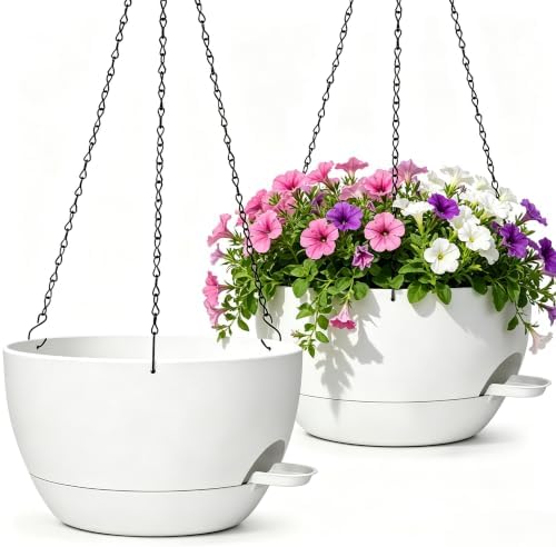 12" Self Watering Hanging Planters with Chains, White, 2 Pack by zople