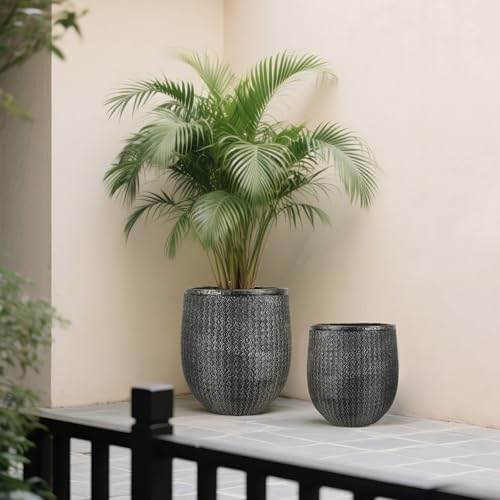 Worth 12" and 14.5" Round Planters, Lightweight Magnesium Oxide Cement Plant Pot, Raised Pattern Concrete Look with Drainage Hole, Black - Image 6