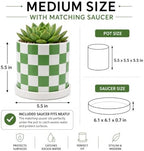 Checkered Ceramic Planter Pot with Drainage Hole and Saucer, Black and White Planters Decor,Indoor Cylinder Round Planter Pot (Green, Medium) - Image 2