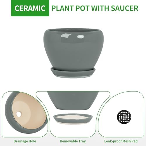 Deep Dream 10 Inch Plant Pot- Ceramic Planter Pot Round Plant Pots for Indoor Plants Outdoor Large Flower Pot with Drainage Holes & Trays, Grey - Image 5