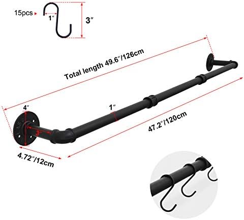 TLBTEK 50 inch Black Pipe Pot Bar Rack Wall Mounted Detachable Pans Hanging Rail Kitchen Lids Utensils Hanger Holders with 15 S Hooks - Image 2