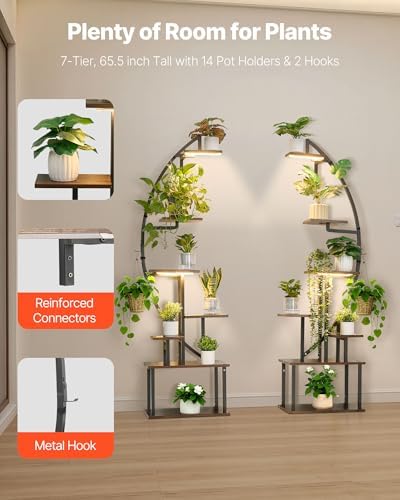 VEVOR Plant Stand Indoor with Grow Lights, 65.5 in Tall 7-Tiered Lighted Plant Shelf, 2 Pack Metal Corner Plants Holder, 3 Timer & 10 Brightness, Half-Moon Shaped Flower Display Rack for Living Room - Image 2