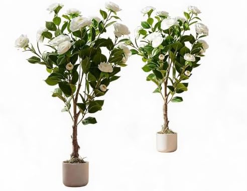 Artificial Camellia Trees, 3FT Faux Camellia Plant in Pot with Flowers by JustSmart