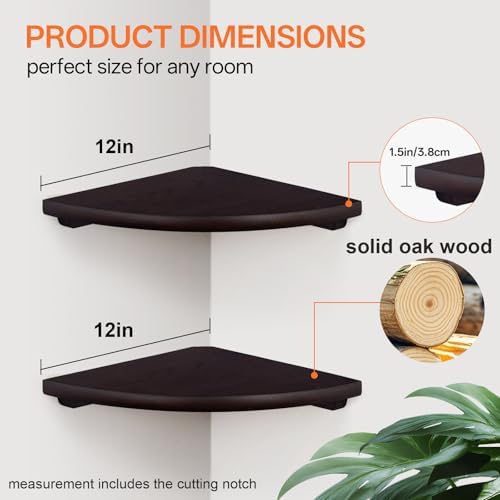 Floating Corner Shelves Set 2 12inch Walnut Solid Oak Rounded Corner Shelves Wall Mounted with Cable Hole Wood Corner Hanging Shelves for Living Room Bedroom Bathroom Kitchen - Image 6