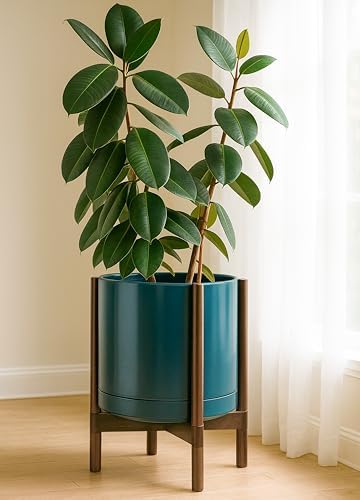 D'vine Dev Ceramic Pot with Walnut Wood Stand, Teal, 14 in, 55-B-T-4 - Image 7