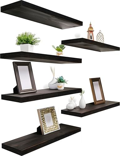 YYWUOJJ Wood Floating Shelves for Wall Decor, Rustic Wall Shelves for Bedroom Bathroom Kitchen Living Room, Set of 4 Walnut by YYWUOJJ