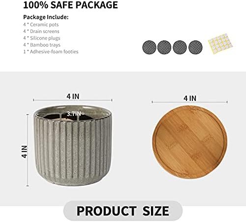 4 Inch Ceramic Plant Pot with Saucer, Creative Stripe Grey-Green Small Planters Pots with Drainage Hole and Mesh Pads for Succulent, Cactus, Herbs - Set of 4 - Image 3