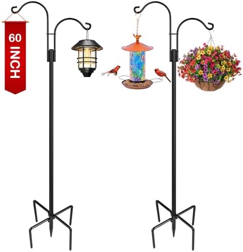XDW-GIFTS Double Shepherds Hooks for Outdoor, 2-Pack Heavy Duty Garden Pole for Hanging Bird Feeder, Plant Baskets, Solar Light Lanterns, Garden Plant Hanger Stands with 5 Base Prongs by XDW-GIFTS